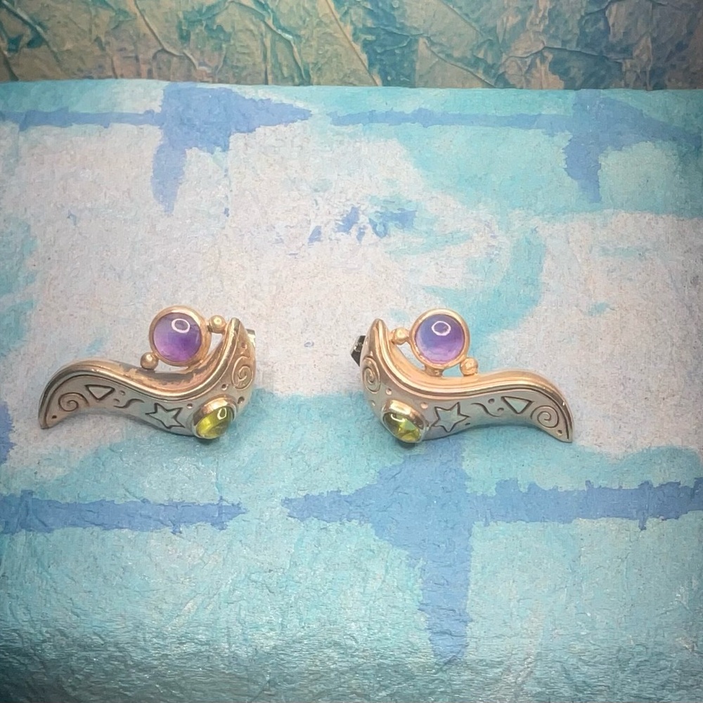 Vintage Amethyst, Peridot, 925 Sterling Earrings